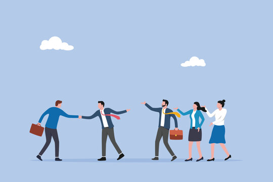 Businessman manager handshake welcome and introduce new staff to team, orientation training on first day concept, onboarding new employee, warm welcome to new office, introduce new hire to colleagues.