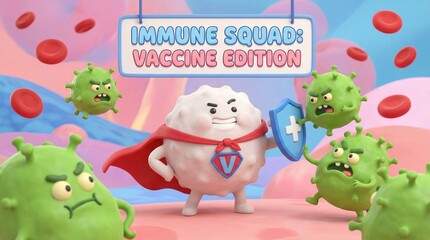 Naklejka premium Cute cartoon white blood cell superhero character with shield protecting against green virus, immune system concept 3D illustration