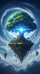 Mystical floating island with lush green tree and radiant blue light in surreal sky