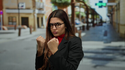 Fototapeta premium Woman posing confidently on an outdoor city street, wearing glasses and a black jacket, embodying determination and strength in a vibrant urban environment.