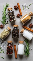 Spices and herbs in glass jars on rustic table with rosemary and cinnamon sticks