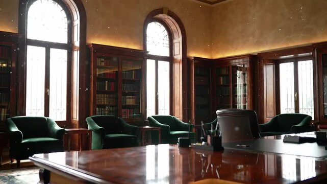 Elegant library room interior with desk, bookshelves, books, chairs in luxury home study. Classic reading room for study and literature.