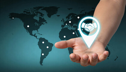 Global business collaboration digital networking infographic virtual environment close-up view partnership opportunities