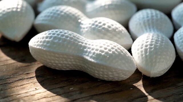 Close-up of textured white peanuts on a wooden surface, illuminated softly by natural light, creating a warm and inviting atmosphere
