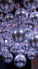 Multiple disco balls hanging from the ceiling reflecting light in a dark room with dramatic lighting and sparkling effects