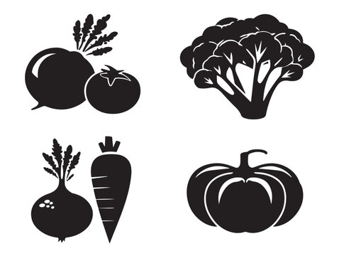 A simple set of four beautiful black fresh vegetable silhouette vector icons