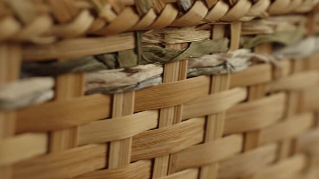 Close-up of a woven basket with natural fibers and a blurred background