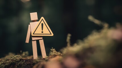 Wooden figure warning about dark forest hole caution sign display nature setting close-up view safety concept