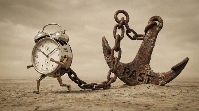 Running alarm clock with legs held back by heavy chain and anchor labeled Past, concept of procrastination and being stuck in memories 3D illustration