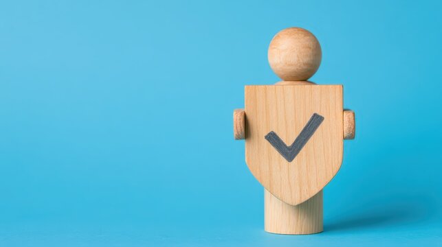 Building trust with wooden figure holding badge of credibility in business environment