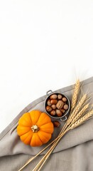Small orange pumpkin metal bucket of nuts and wheat on beige fabric against white background soft natural light