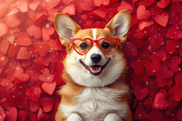 Beautiful Valentine's Day banner featuring dogs in love on red hearts. Top view. Romantic and loving atmosphere.