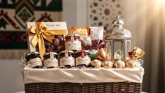 Close-up of a gift basket filled with assorted chocolates and treats on a table with warm lighting.