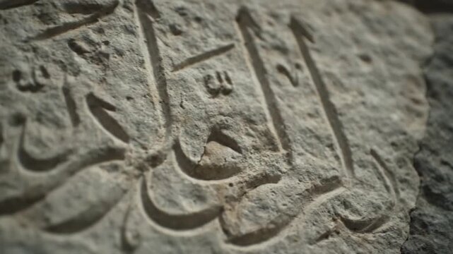 Close-up of Arabic calligraphy carved into a weathered stone surface with a dark background.