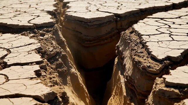 Cracks in parched earth revealing deep fissures, surrounded by dry, cracked soil under bright sunlight, showcasing the effects of drought