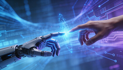 Artificial intelligence meets humanity the digital connection between human and robot futuristic environment technology concept