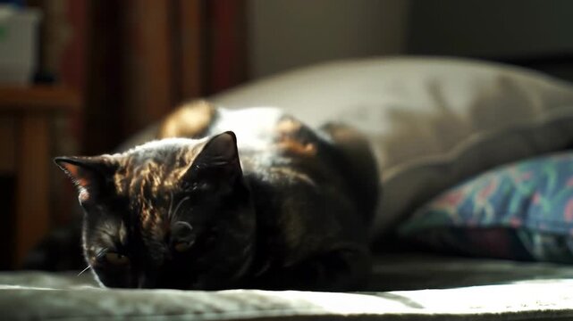 Relaxing tortoiseshell cat lying on cushion, resting indoors in peaceful feline mood.