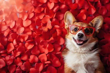 Beautiful Valentine's Day banner featuring dogs in love on red hearts. Top view. Romantic and loving atmosphere.
