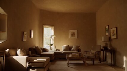Step into this serene living room, featuring warm earthy tones and cozy furnishings that create a tranquil atmosphere. Natural light pours in, enhancing the inviting space for relaxation.