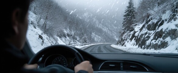 The driver feels a blend of focus and anxiety on the winding snowy mountain road.