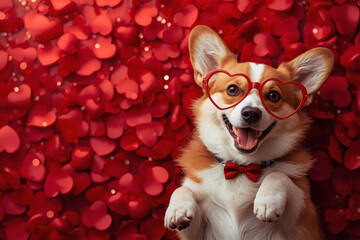 Beautiful Valentine's Day banner featuring dogs in love on red hearts. Top view. Romantic and loving atmosphere.