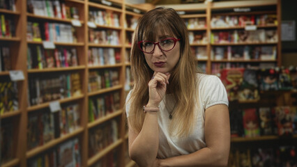 Woman wearing red glasses and white t shirt with hand on chin and folded arm in library building; thoughtful curiosity.