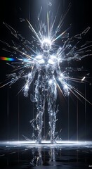 Glowing humanoid figure with radiant light and sparks on dark background with rainbow effect