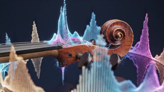 A detailed image of a violin with soundwaves emitting from it with visual particle effects