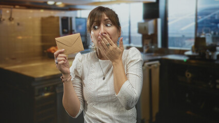 Woman holding a small brown envelope and covering her mouth with hand while looking at it in...