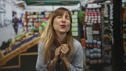 Woman with hands clasped to chest in a shop building aisle, smiling and puckering lips toward camera while leaning forward; joyful affection.