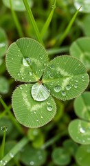 Close up of four leaf clover with dew drops on green leaves in natural environment