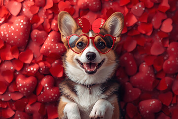 Beautiful Valentine's Day banner featuring dogs in love on red hearts. Top view. Romantic and loving atmosphere.