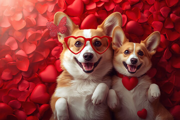 Beautiful Valentine's Day banner featuring dogs in love on red hearts. Top view. Romantic and loving atmosphere.