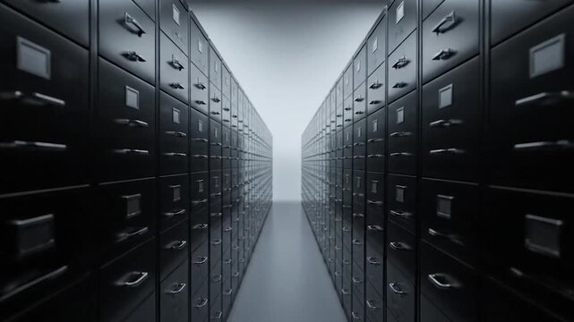 Endless rows of dark filing cabinets