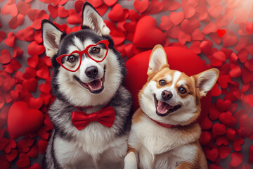 Beautiful Valentine's Day banner featuring dogs in love on red hearts. Top view. Romantic and loving atmosphere.