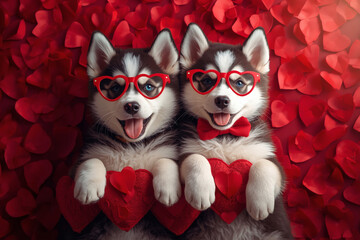 Beautiful Valentine's Day banner featuring dogs in love on red hearts. Top view. Romantic and loving atmosphere.