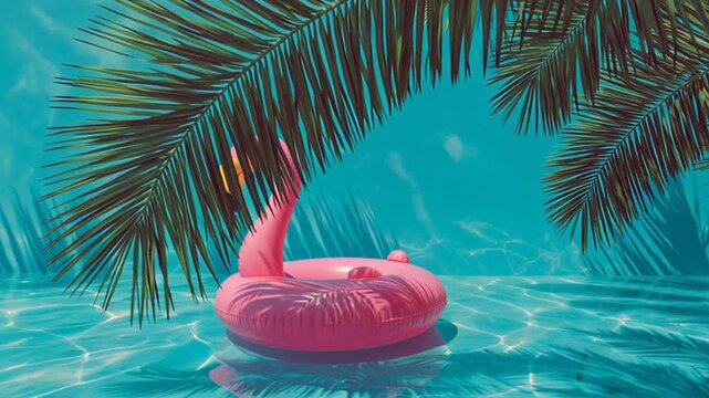Tropical getaway: A Pink flamingo pool float under palm leaves in crystal clear water