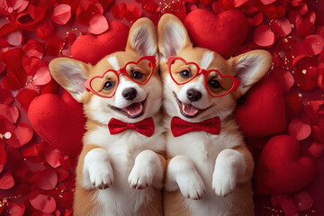 Beautiful Valentine's Day banner featuring dogs in love on red hearts. Top view. Romantic and loving atmosphere.