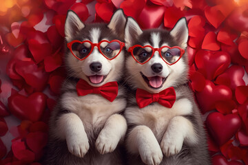 Beautiful Valentine's Day banner featuring dogs in love on red hearts. Top view. Romantic and loving atmosphere.