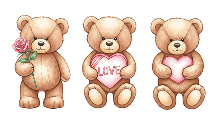 Fototapeta premium Brown teddy bears holding heart and rose, watercolor style, isolated on transparent background