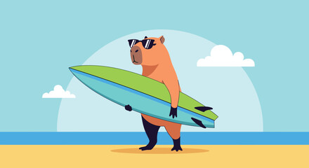Cool capybara character wearing dark sunglasses while carrying a blue and green surfboard on a sunny beach with ocean waves.