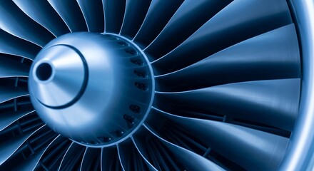 Close up of a jet engine turbine fan blades in a dark blue metallic finish