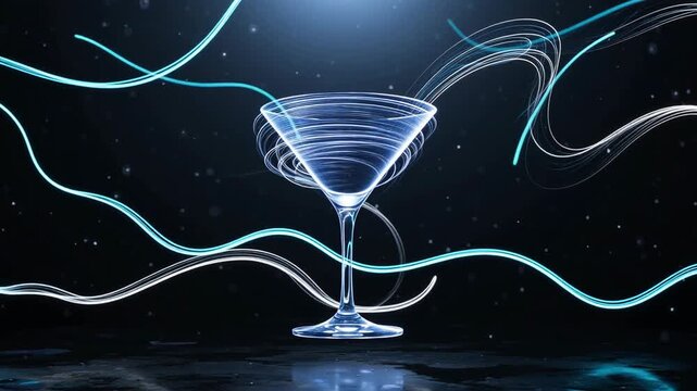 An elegant martini glass with swirling water patterns surrounded by flowing blue and white light trails against a dark background