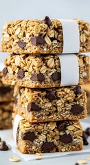 Stacked homemade oatmeal chocolate chip granola bars wrapped in white paper on a clean background