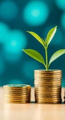 Stacked gold coins with green plant on top symbolizing financial growth and investment