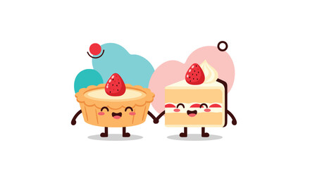 Naklejka premium A delightful and cute cartoon illustration depicts a smiling strawberry tart and a slice of strawberry cake holding hands, celebrating friendship and sweet treats on a clean white background.