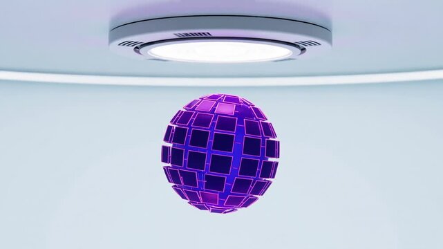 Floating purple globe display above a white backdrop with a ceiling light illuminating the scene, creating a futuristic atmosphere
