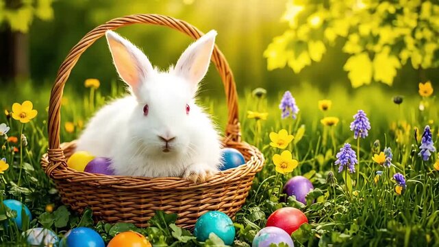 fluffy white rabbit sitting in a wicker basket among bright easter eggs on a green lawn with flowers under the rays of the spring sun embodying the fairy tale image of an easter symbol