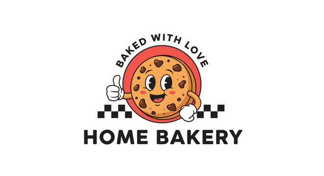 A cheerful retro cartoon cookie character giving a thumbs up, surrounded by \.