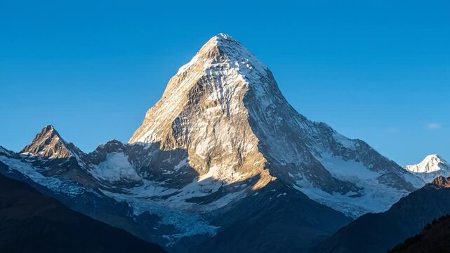 Snow-capped peak bathed in sunlight under blue sky